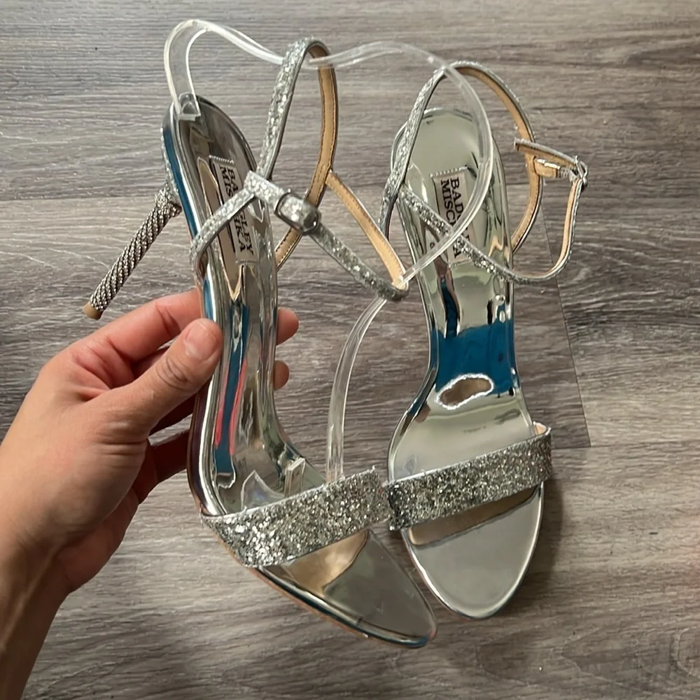 Badgley Mischka Olympia Embellished Glitter Sandals Silver Size 11
